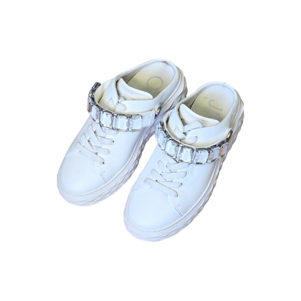Jimmy Choo White Leather Diamond Crystal Slipper Trainer Sneakers Slippers 38.5